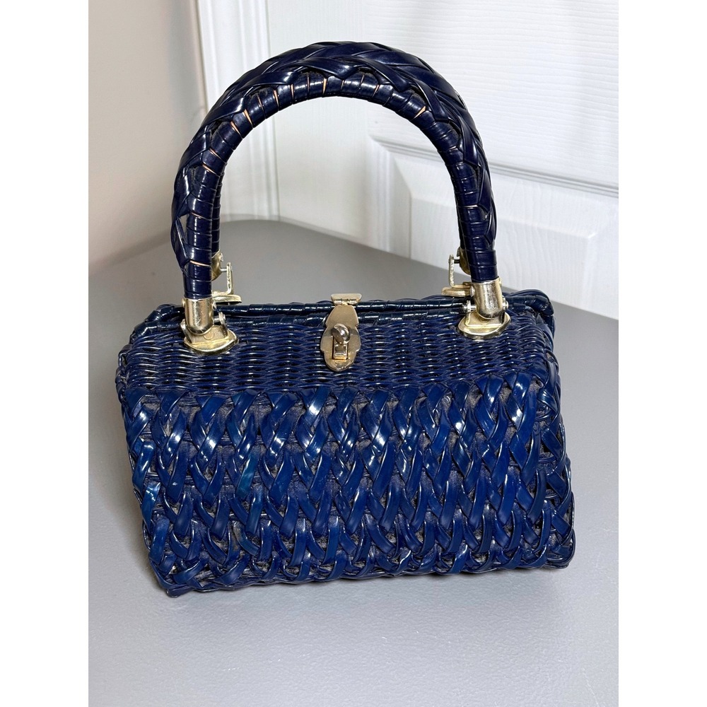Vintage Lesco Lona Navy Blue Woven Wicker Handbag Box Bag Gold Hardware 60s